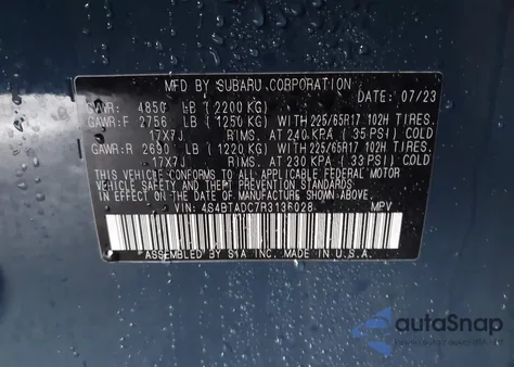 2024 Subaru Outback Premium z USA, uszkodzony, nr VIN 4S4BTADC7R3136028